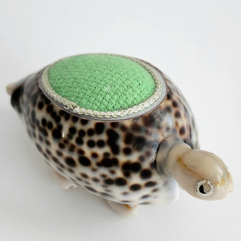 Vintage Natural Tiger Cowrie Sea Shell Needle Cushion, Turtle Pin Cushion, Sewin